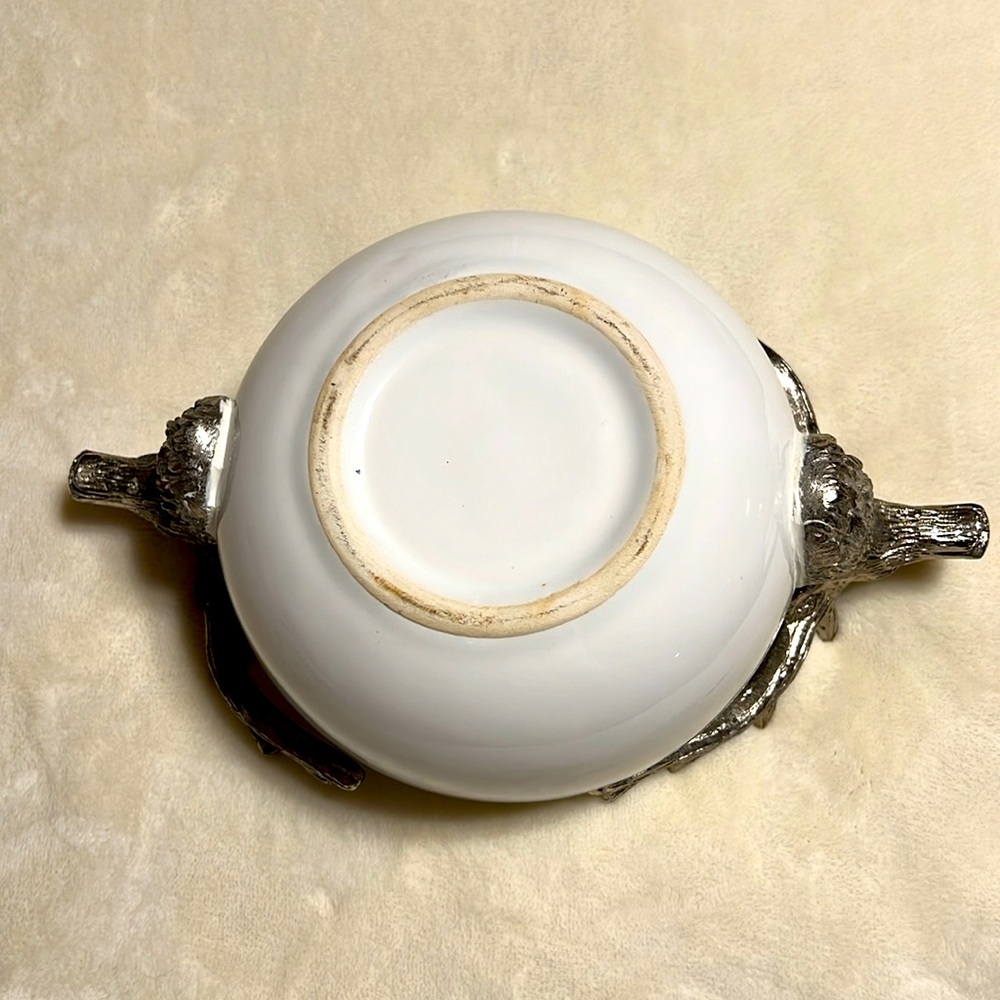 White Ceramic Bowl with Silver Deer Handles. Holiday Decor. 6.25” - Picture 7 of 9